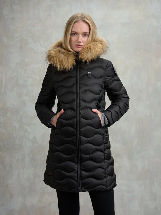 Blauer Donna piumino lungo ad onde con pelliccia Lynel nero