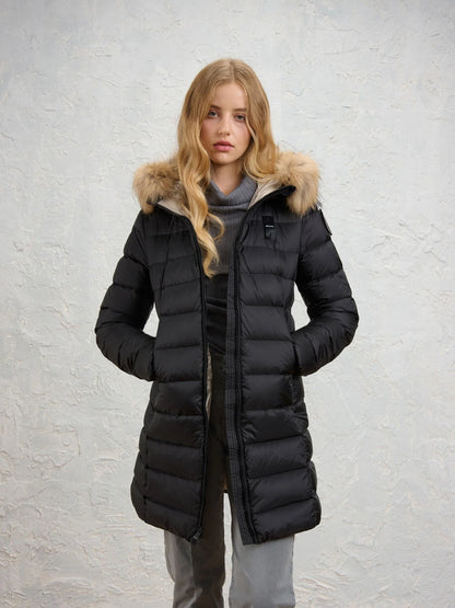 PIUMINO LUNGO CON PELLICCIA KRISTIN NERO int. BEIGE